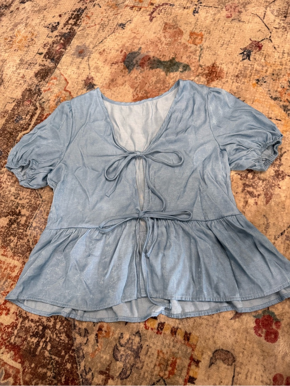 Source Unknown Light Blue Tie-Front Peplum Blouse